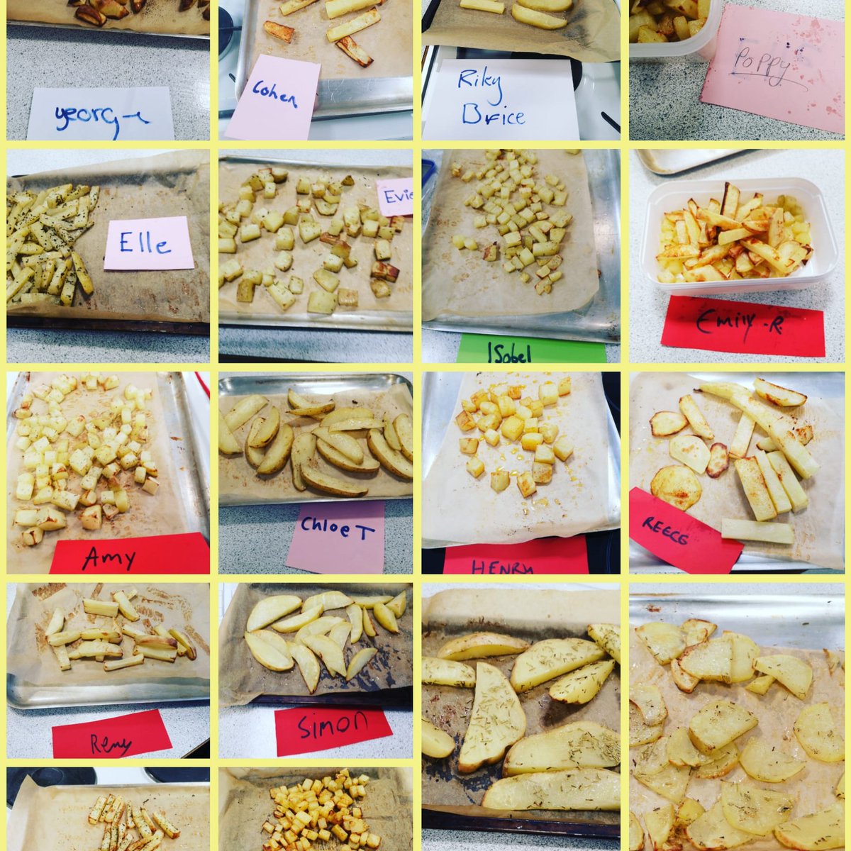 mrsmburrows's tweet photo. Year 7 knife skills.  Great start chips, wedges, batons and dice #healthychips #knifeskills #bridgeandclaw #foodpreparationskills https://t.co/CU2f8b9yXE