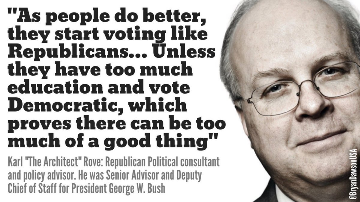 Rove: $ security makes voters Republican, but education makes even the wealthy vote Democrat.Which... is accurate. I've long asserted "Lifestyles of the Rich & Famous" did as much harm as Reaganism: Wealth as religion. Wealth as ethics. 1 Tim. 6:10:  https://www.biblegateway.com/passage/?search=1%20Timothy%206%3A10&version=KJV1/