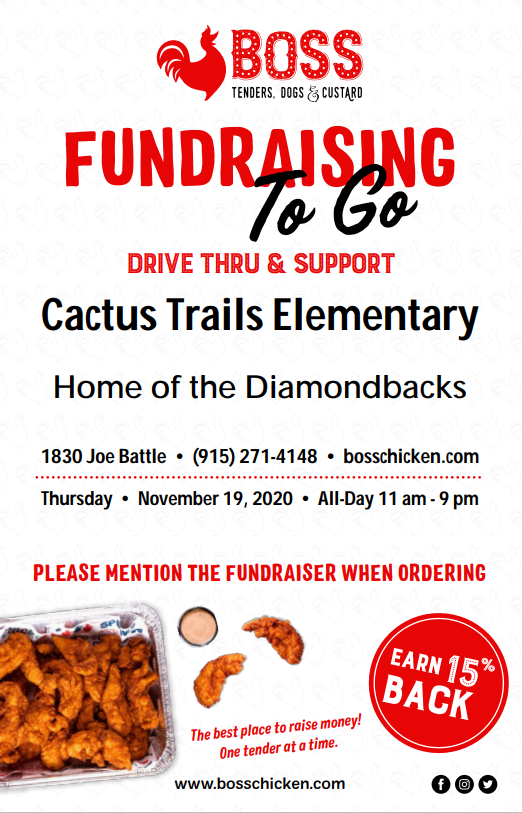 CTrails_ES's tweet photo. CTE community, we invite you to help support Cactus Trails with our family night at Boss Chicken this Thursday. #nocookThursday #TeamSISD #CTE1school1❤️#Faithpassionpride https://t.co/ATba4F9KaA