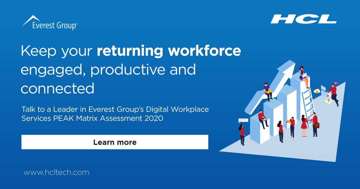 HCL_AeroDef's tweet photo. We can help your returning workforce safely navigate physical workspaces in the #newnormal. Read the Everest report to find out how we continue to adapt to evolving market needs: https://t.co/zQHSP0zcA3 #OneHCL #DigitalWorkplace https://t.co/oyqWFhM8wd