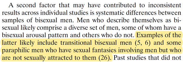 7. Throughout, the article subtly provides the ammunition to invalidate bisexual men. Why do some studies find no evidence for bisexuality in men? Not because of the method or construct. Instead, the fault is again, in men who identify as bisexual but are not really bisexual.