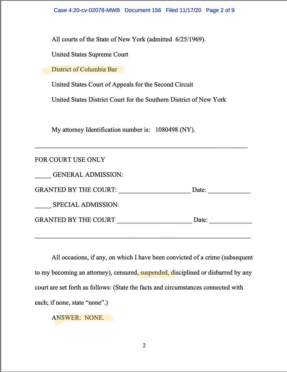 AndrewFeinberg's tweet photo. In other news, it appears @RudyGiuliani committed perjury in his pro hac vice petition to appear in MDPA today.
He is suspended from the DC Bar for non payment of dues. https://t.co/tm1DWv93wY