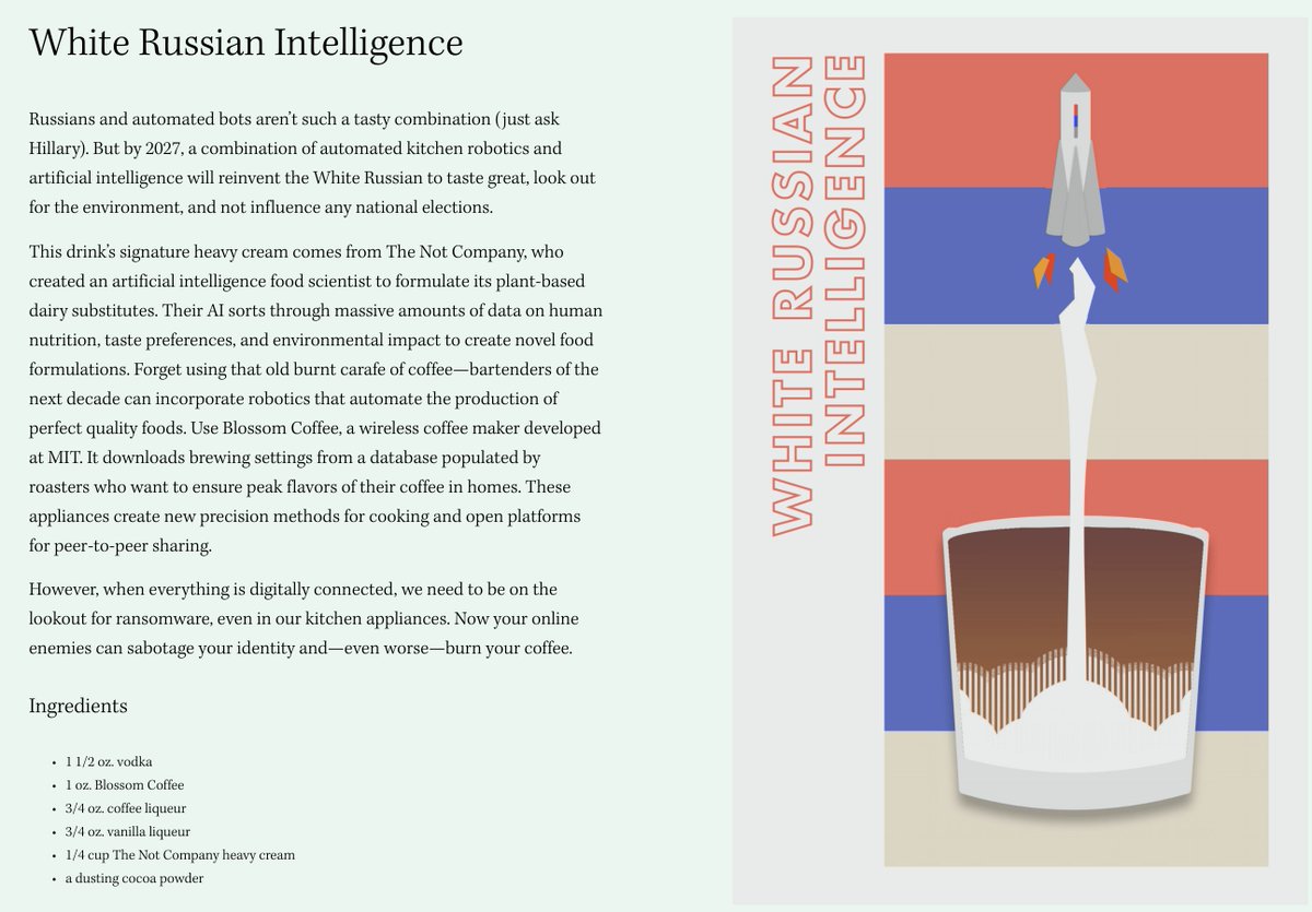 Now that <a href="/notcous/">notcous</a> is at Whole Foods, you can finally make this #AI concocted #cocktail from the #future—White Russian Intelligence. We've come a long ways in milk and in elections since 2016! What do you think, <a href="/MatiasMuchnick/">Matias Muchnick</a>? sarahsha.com/cocktails#whit…