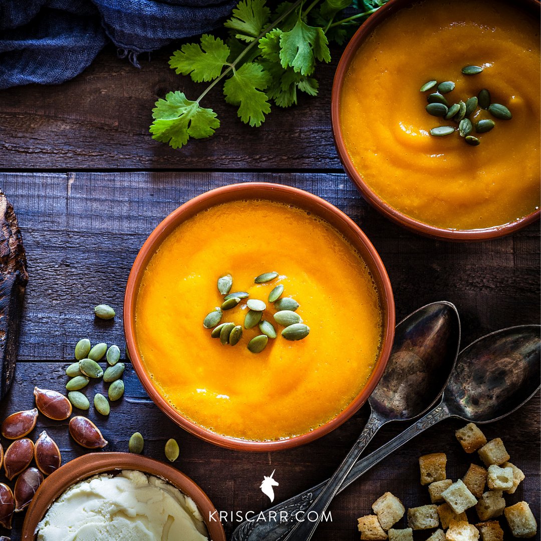 Pumpkin Bisque with a kiss of sherry makes this simple #soup seem fancy. Bust out the cloth napkins and poof!... you’re at a fine restaurant. This show-stopper is on my #Thanksgiving #menu with 9 tasty #plantbased recipes: bit.ly/2UfbfY8.

#veganrecipes #crazysexykitchen