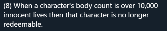my first reaction to this was honestly 'oh boy, somebody better tell the Devil May Cry Vergil fans that their fave is no longer redeemable'my second thought was 'this is an awfully exact amount'(I'm missing the point, I know)