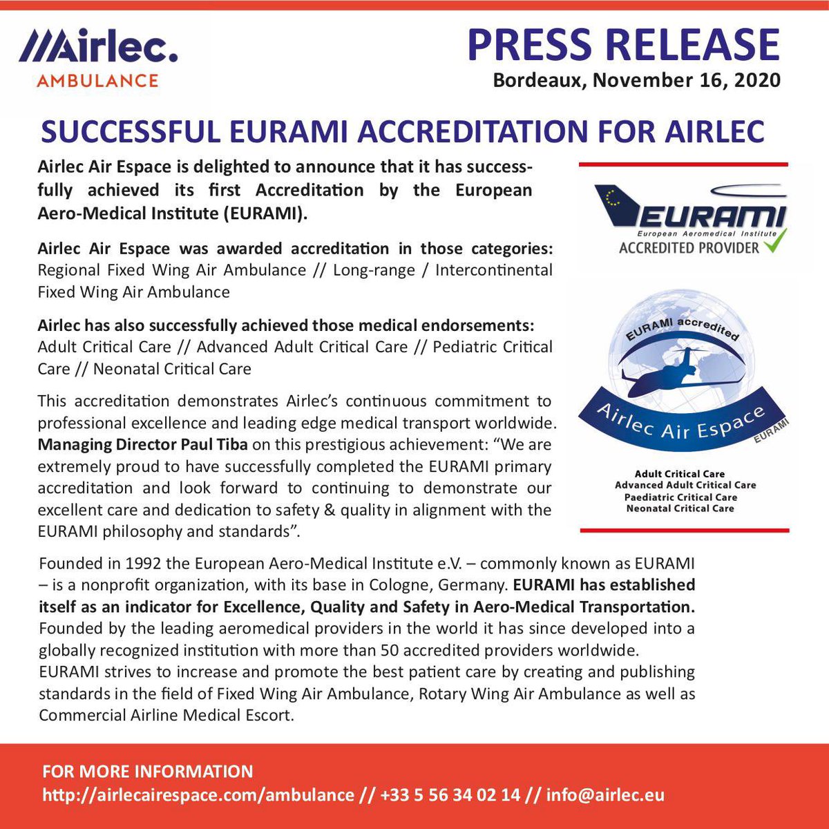 <a href="/AirlecAmbulance/">Airlec.Ambulance</a> is delighted to announce that it has successfully achieved its first Accreditation by the #eurami
We are deeply proud and grateful to each member of the team.
#airambulance