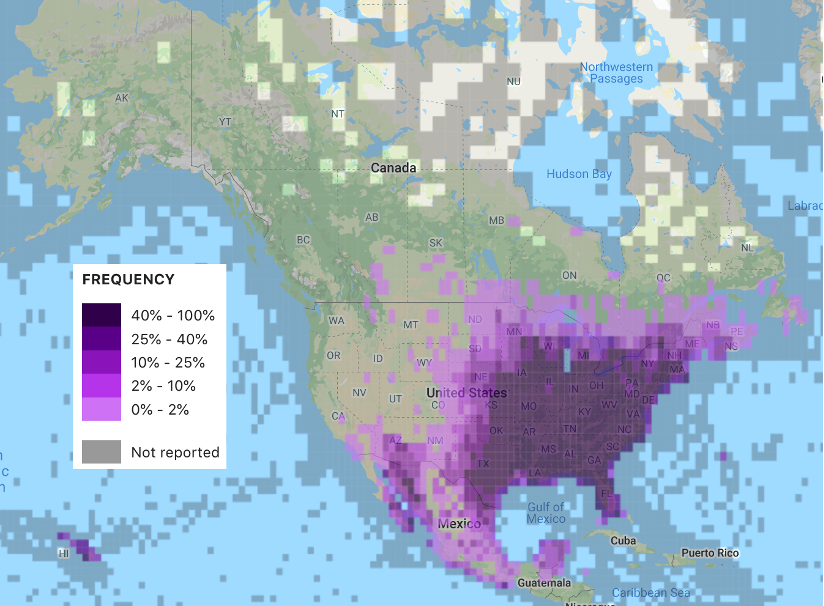 Team_eBird's tweet photo. #eBirdingthroughtime to 2011 when #eBird v3 introduced Alerts, Top100, improved range maps, and the ability to enter and explore bird observations from anywhere in the world. Compare the pre-2011 species map for Northern Cardinal (green) to one from today (purple) #eBirdLife https://t.co/eYKqn2r1ux