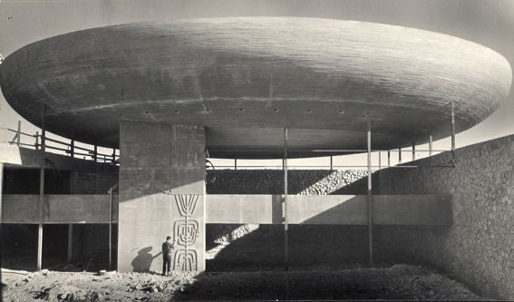 The gravity-defying concrete flying saucer of the Central Synagogue of Nazareth Illit, designed by Nahum Zolotov, 1968