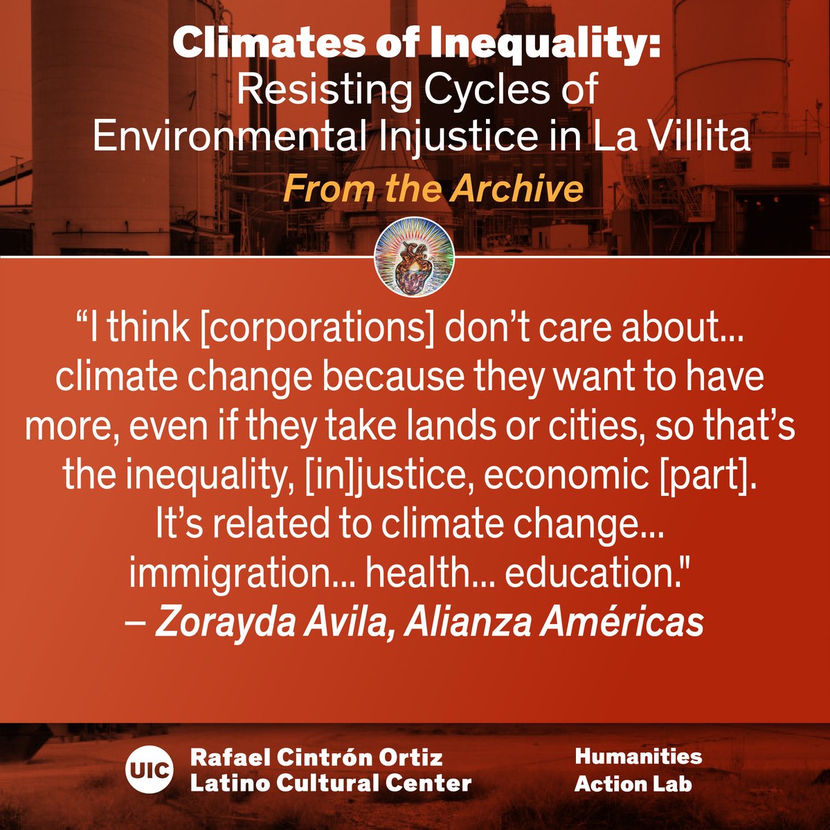 UICLCC's tweet photo. Image Credit: K. Solis &amp; L. Cabrales, UIC
Watch our Climates of Inequality presentations where community leaders discuss how communities are impacted by pollution and climate change. RSVP at https://t.co/phDvjY6J5j
#ClimatesOfInequality
#EnvironmentalRacism
#HumanitiesActionLab https://t.co/vFJ7aEnsmM