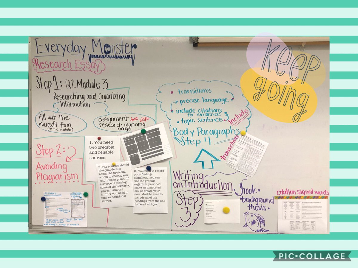mrsF_J_Grade7's tweet photo. So far, we have researched, drafted, peer edited our introduction and body paragraphs. We are moving into revising and concluding our Everyday Monster essay! #ela7 #processwriting @rrmsroyalknight https://t.co/X6YDZc3CGc