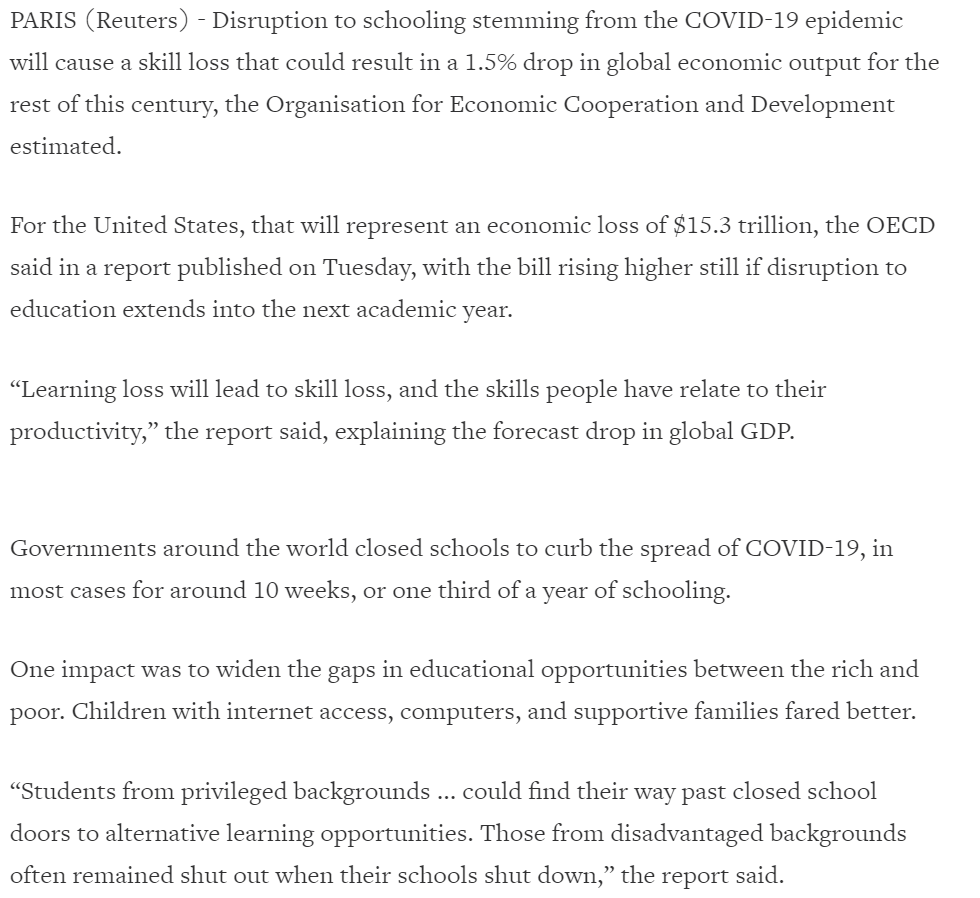 8/ What Hans Kluge was alluding to is the cost of school closures. So let's talk about the costs.The OECD estimated that school disruptions "will cause a skill loss that could result in a 1.5% drop in global economic output for the rest of this century."  https://www.reuters.com/article/us-health-coronavirus-education-impact/skills-lost-due-to-covid-school-closures-will-hit-output-for-generations-oecd-idUSKBN25Z1BC