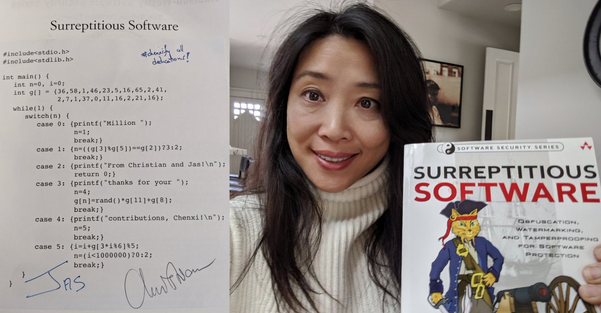 chenxiwang's tweet image. Thank u @jasvir for sending me your &quot;Surreptitious Software&quot; book, which coined &quot;chenxification&quot;. Finally got the book and love the special program on the inside cover! #codeobfuscation #softwaresecurity