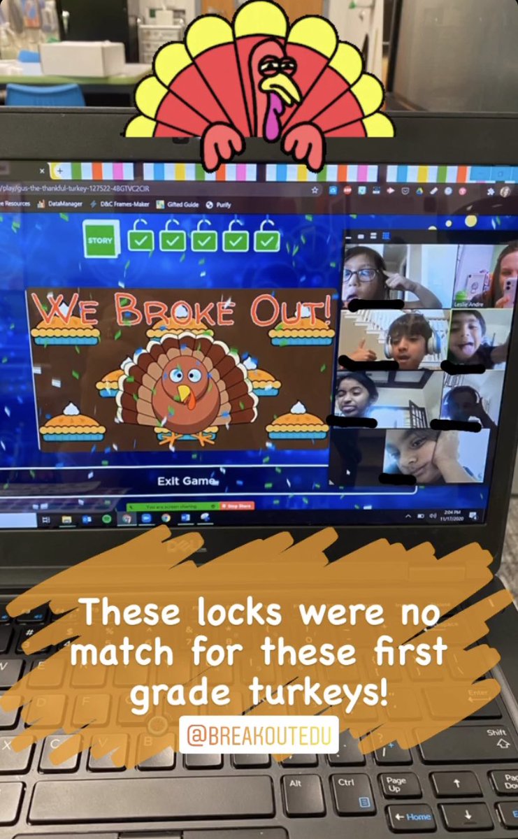 JES_Quest's tweet photo. These first grade turkeys used their problem solving skills to break out Thanksgiving dinner! @breakoutEDU @Jack_D_Johnson https://t.co/mcBVDbNIbA