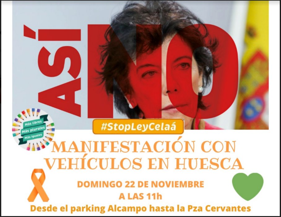 santaanahuesca's tweet photo. ¡Por el derecho a elegir la educación que queremos!
El domingo 22 de noviembre estamos llamados a participar en la manifestación con vehículos que se realizará en Huesca contra la #LOMLOE, #LeyCelaá. ¡Únete! Hacia una escuela inclusiva para todos y por todos. #MasPlurales https://t.co/cArs8fqXOR
