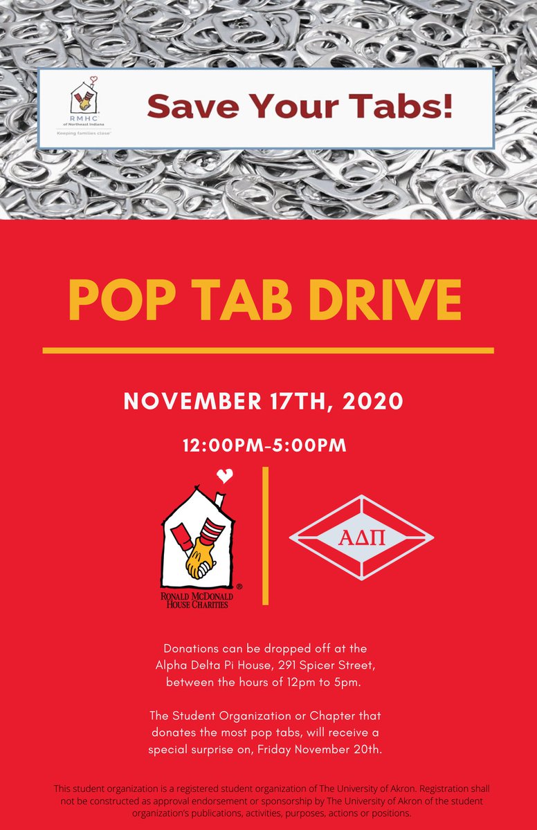ADPi_Akron's tweet image. 1 hour and 15 minutes left of our pop-tab drive! 💛❤️ We have a bin in front of the house for a contact-free drop off!