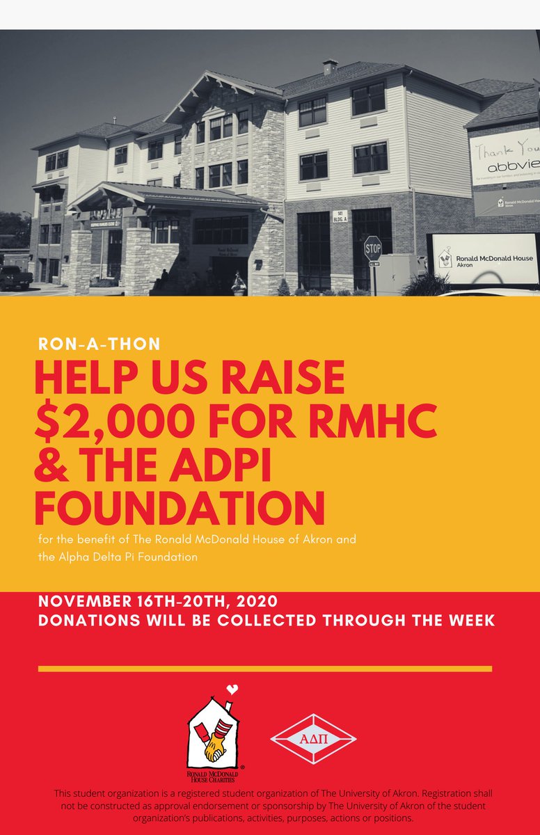 ADPi_Akron's tweet image. We are looking to raise at least $2,000 this week in support of the Ronald McDonald House of Akron and the Alpha Delta Pi Foundation 💛❤️ Donate in our bio or the link below! RON-A-THON #RMHC