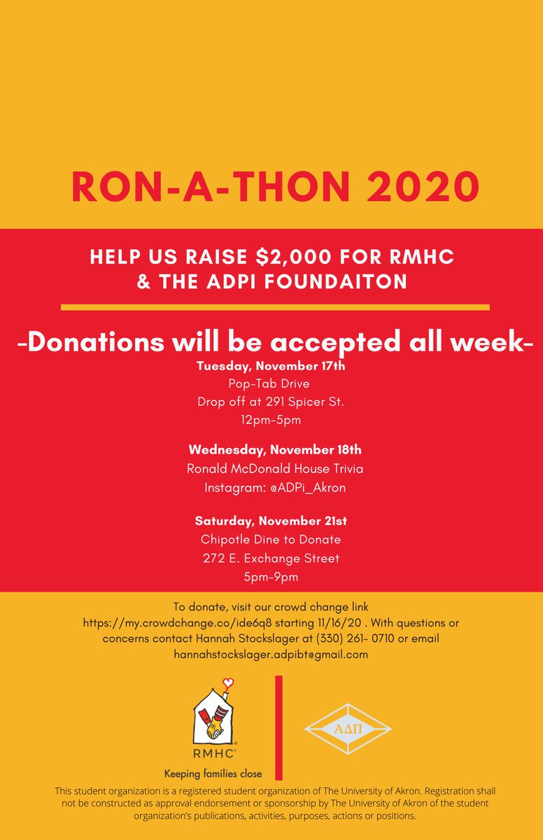 ADPi_Akron's tweet image. We are looking to raise at least $2,000 this week in support of the Ronald McDonald House of Akron and the Alpha Delta Pi Foundation 💛❤️ Donate in our bio or the link below! RON-A-THON #RMHC