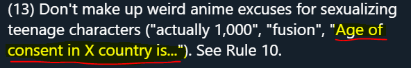 age of consent laws can be pretty messed up/absurd, but when they're brought up in this context? It's pretty much *always* an excuse for an American to be imperialist. 'Your local consent laws are disgusting, so you can't use them as an excuse for not following GOOD consent law.'