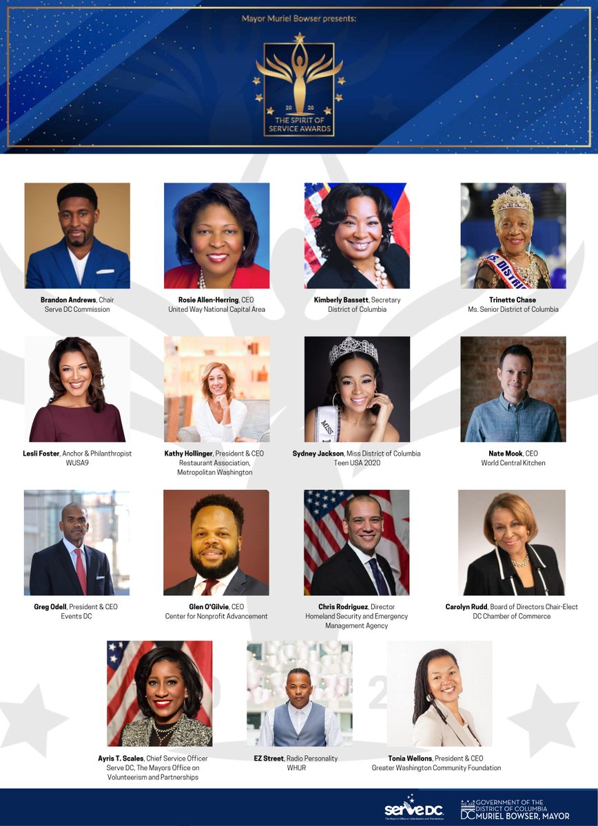 ServeDC's tweet photo. This diverse & distinguished cohort of servant-leaders embodies our mission of excellence through service and has committed to helping to amplify the Spirit of Service Awards within their vast networks. Nominate the service champions in your community at https://t.co/vlcjEpUtA4! https://t.co/NkPAyYYC4k