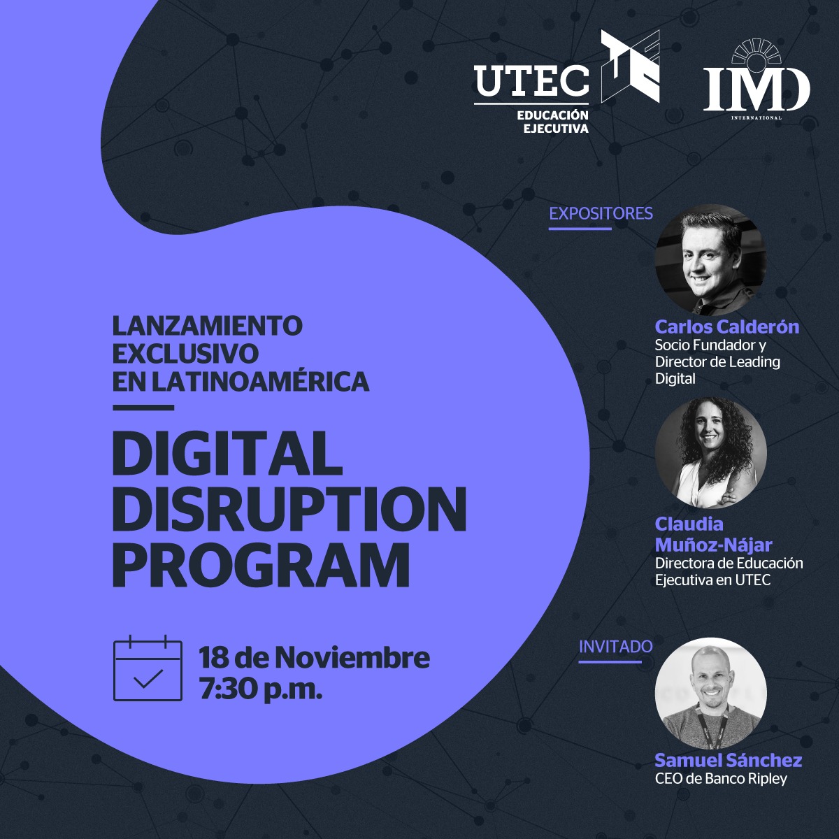 LeadingDigiUTEC's tweet photo. El programa global de #TransformaciónEmpresarial: Digital Disruption, llega a Latinoamérica, gracias a la alianza entre Leading Digital e @IMD_Bschool

Te invitamos a participar del Evento de Presentación este Miércoles 18/11 a las 7:30 pm
Regístrate aquí: https://t.co/hAt2R8q7RV https://t.co/h4yer64zSf