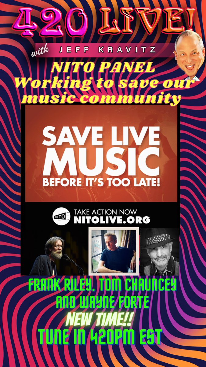 Jeff Kravitz (@jeffkravitz) on Twitter photo 2020-11-17 20:57:45 420LIVE!! @NITO_Live panel discussion today focusing on when and how our live music will return and what YOU can do to help. Tune in 420pm EST LIVE or on demand youtu.be/ROVvWky3Fug 420LIVE!! @NITO_Live panel discussion today focusing on when and how our live music will return and what YOU can do to help. Tune in 420pm EST LIVE or on demand youtu.be/ROVvWky3Fug