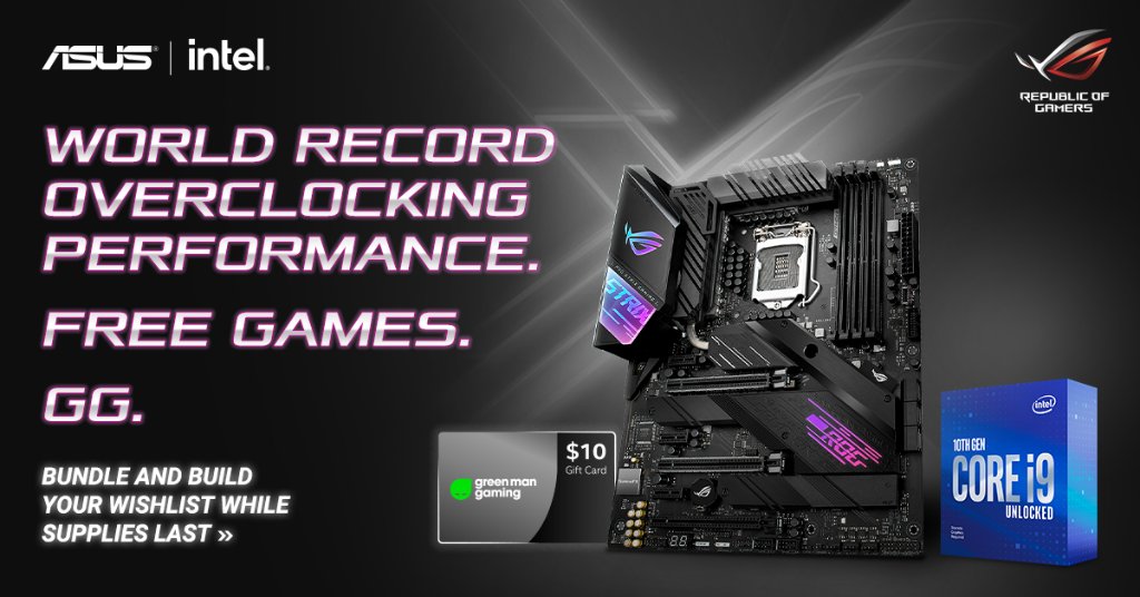 inteldevs's tweet photo. Want to level up your game rig? Save big instantly by bundling this powerful pairing from @ASUS_ROGNA and @IntelGaming, plus get a free @GreenManGaming gift card (while supplies last). Shop now: https://t.co/HVrtlSafmM 

#ASUSZ490 #Intel10thGen https://t.co/yRGgIjoXmv