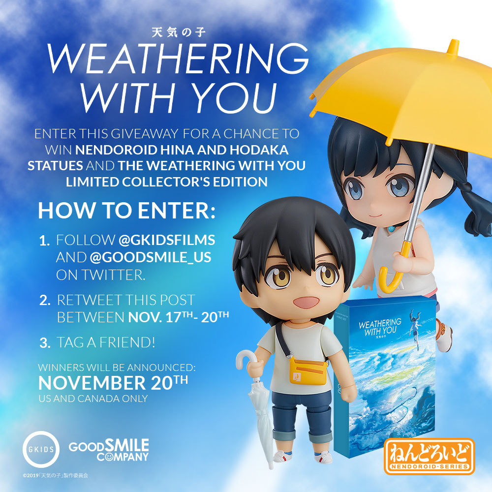GoodSmile_US's tweet photo. We're teaming up with GKIDS to give away Nendoroids Hina and Hodaka plus a copy of the Weathering With You Limited Collector's Edition to 2 lucky winners.

To enter, follow both @GoodSmile_US and @GKIDSfilms, retweet this post, and tag a friend!

#goodsmile https://t.co/HjAzSUmdCc