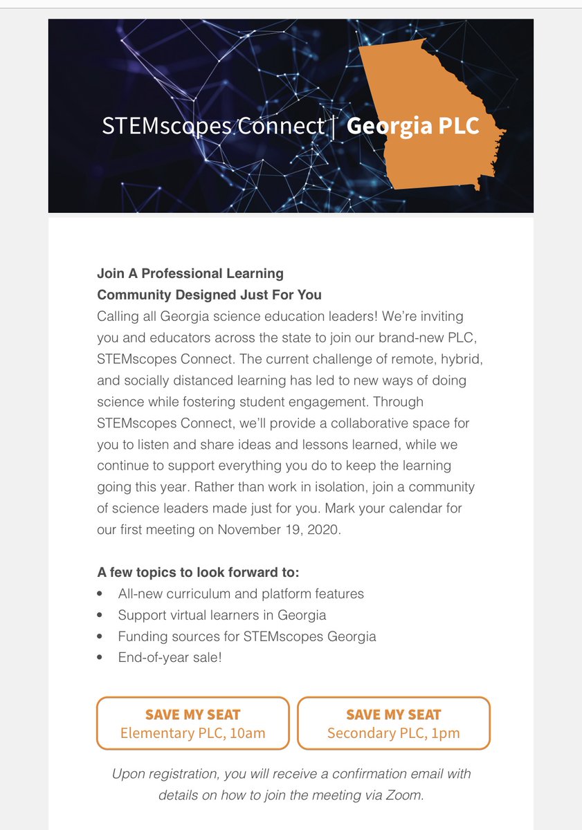 DrKTThompson's tweet photo. Hi, Georgia! @STEMscopes Science has made some awesome updates to the science curriculum! Join us Thursday to hear all of the amazing updates at our PLC! DM me to register! Oh.... did I mention I will be sharing some info. about our end of the year sale for STEMscopes Science? https://t.co/xKPBucHtGD