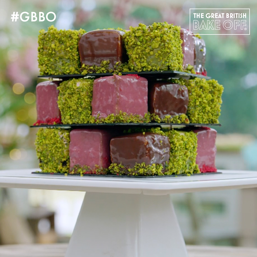 Peter’s Chocolate, Raspberry &amp; Pistachio Cube Cake. #GBBO