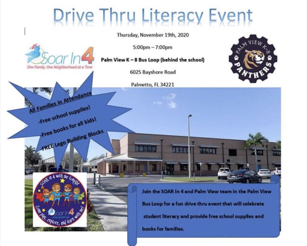 DoughertySDMC's tweet photo. Join us this Thursday in our BUS LOOP for an fun SOAR in 4 drive thru family event from 5:00-7:00. All students will recieve free books and school supplies. We look forward to seeing our families this Thursday evening. 🙂 #Soarin4 #WeManatee https://t.co/ucQlU0xJPf