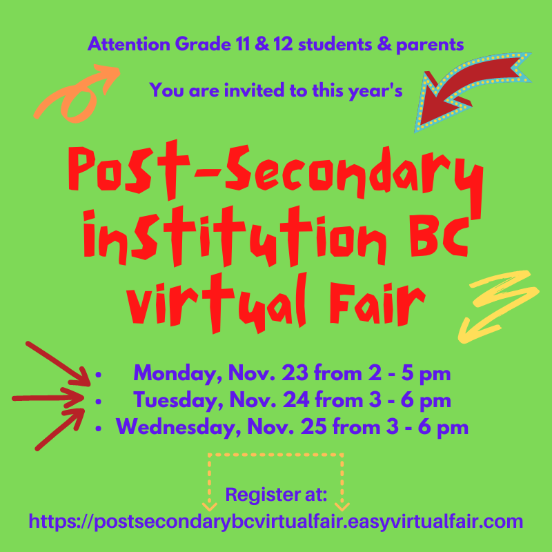 NSSSCareers's tweet photo. Check out this year's Post-Secondary Institution virtual fair @NorthSurreySec !! Students and their parents/guardians are invited to check the 29 BC universities and colleges participating in this event. Registration is required. Register at https://t.co/yosFYvSCNy https://t.co/zN14rXMeDX