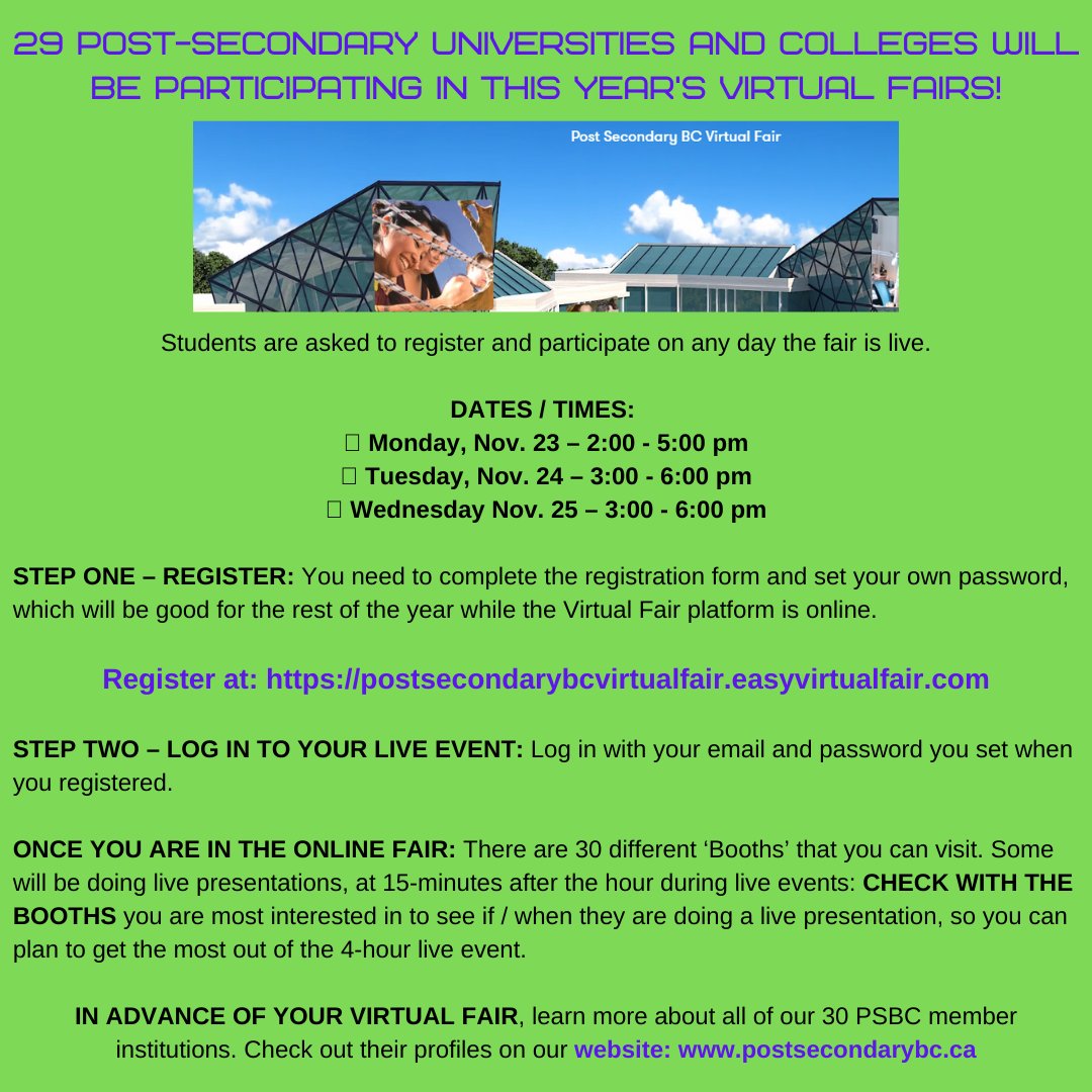 Check out this year's Post-Secondary Institution virtual fair <a href="/NorthSurreySec/">North Surrey Sec</a> !! Students and their parents/guardians are invited to check the 29 BC universities and colleges participating in this event. Registration is required. Register at …darybcvirtualfair.easyvirtualfair.com