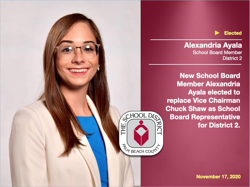 pbcsd's tweet photo. Congratulations to newly-elected District 2 Representative @alexandriayala on being sworn into the Palm Beach County School Board. She is the first Latina to serve on the Board. https://t.co/ehfcC85n8S