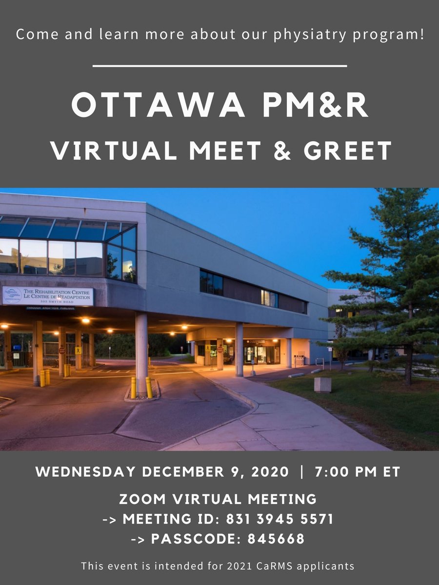 ottawapmrr's tweet photo. Please join us on December 9th for our virtual meet and greet about the program before CaRMS! Info below 👇 #carms #Physiatry #Ottawa #rehabilitation #medstudents #MedStudentTwitter https://t.co/WbKQQ4pKEd