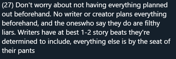 BUT if you LIKE to plan out every detail, that's ok too!I know a writer who plans every plot point, then uses an RNG to help them generate details.how you plan & write is definitely a highly personal thing :)