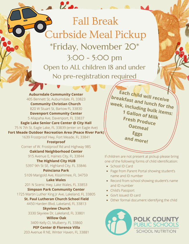 PolkVision's tweet photo. This Friday, Nov. 20 @PolkSchoolsNews is offering a curbside meal pickup to provide students with food during the upcoming fall break! Students receive lunch &amp; breakfast for the week, which includes bulk items such as 1 gallon of milk, fresh produce, oatmeal, eggs and more! https://t.co/h8EiS9nRp3