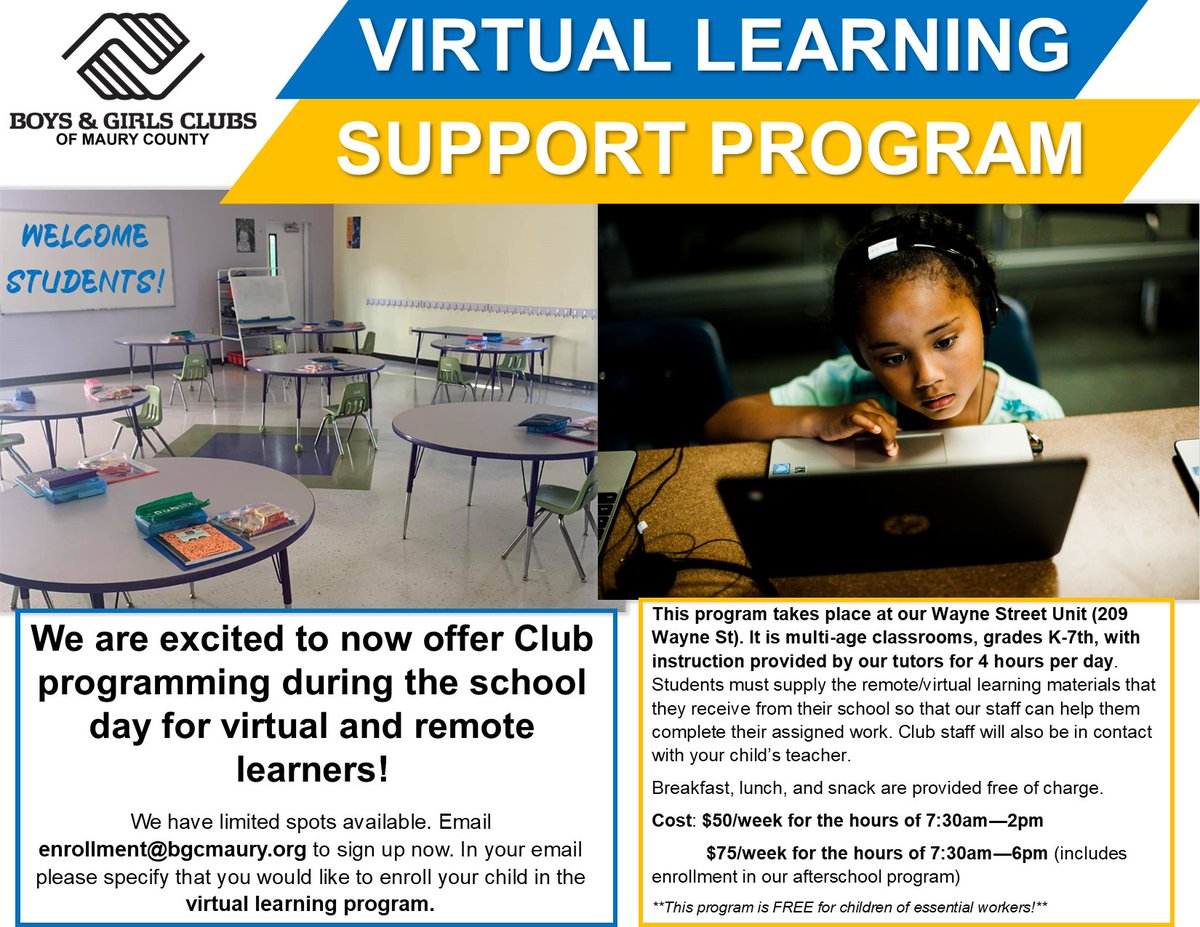 BGCSCTN's tweet photo. We have added more spots to our virtual learning program. Space is limited, so make sure you secure your child's spot soon! This program is FREE to the children of essential workers thru December 31st. Breakfast, lunch, and snack are provided free of charge. https://t.co/rusKJKmA7W