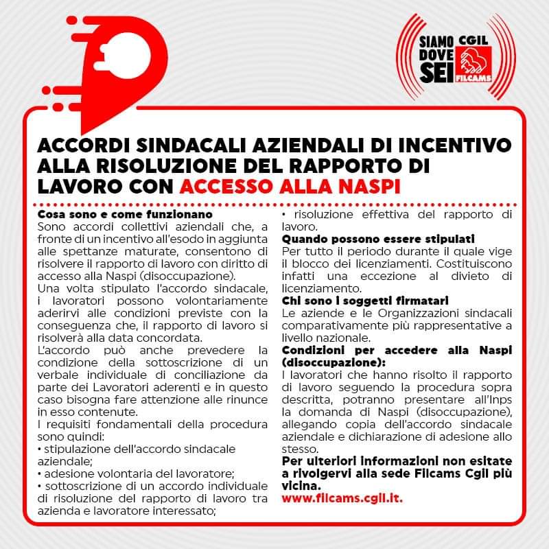 FilcamsSicilia's tweet photo. #GuideFilcams
Accordi sindacali aziendali di incentivo alla risoluzione del rapporto di lavoro con accesso alla #Naspi.
📍 Per ulteriori informazioni non esitate a rivolgervi alla sede #FilcamsCgil più vicina.
#SiamoDoveSei https://t.co/e31wAakp4a