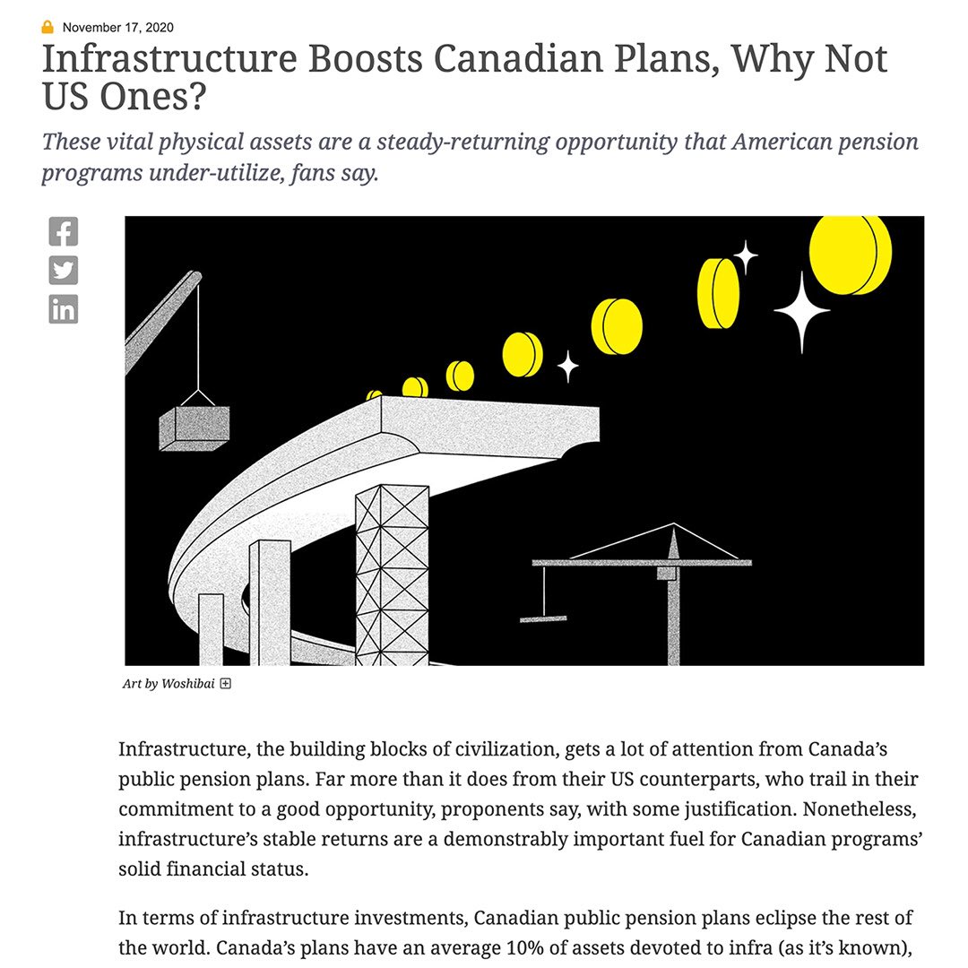 sbuzelli's tweet photo. Art by @Woshibai_ for #chiefinvofficer "Infrastructure Boosts Canadian Plans, Why Not US Ones?” #editorialillustration #artdirection
***
IMAGE: Infrastructure is a good investment with great return. Bridges, railroads, roads “turn to gold.”
*** https://t.co/1DmgxYOLqq