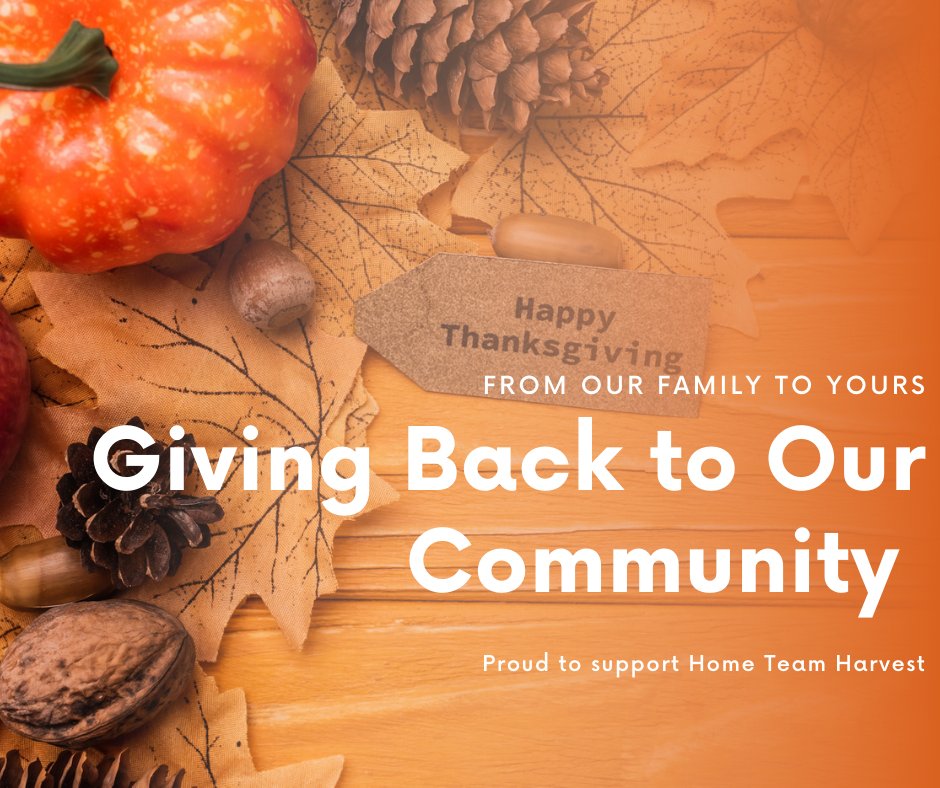 THIS THANKSGIVING, GIVE BACK

With the impact of COVID-19 on our communities, many are facing food difficulties.
We can make an impact and support our community, by donating to Home Team Harvest.
Together, we can help our neighbors and make a difference.