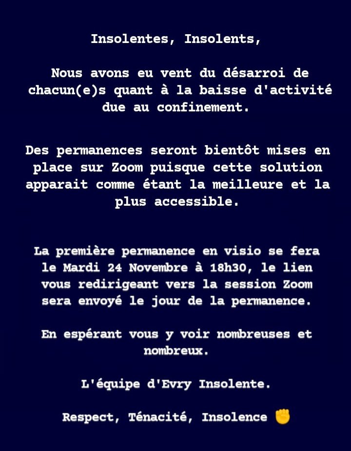 EvryInsolente's tweet photo. Parce que rien n'arrête l'insolence.

Rendez-vous Mardi 24 novembre à 18h30 sur Zoom. Le lien sera communiqué le jour de la permanence.

Respect Ténacité Insolence ✊ https://t.co/WVHlFV1uwv