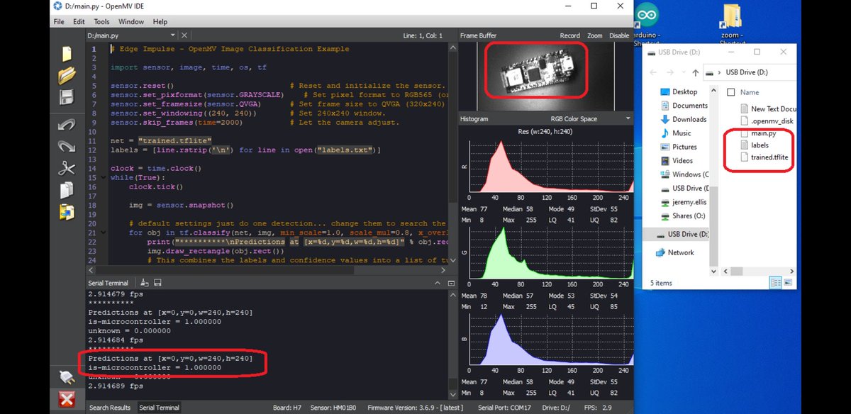 rocksetta's tweet photo. So this is cool.

@EdgeImpulse easy to create #ML #AI model using my cell phone, loaded onto the @arduino #PortentaH7, connected to the #portentaVisionShield using @openmvcam new version 2.6.7 IDE, correctly identifying the #Nan33IOT as a #microController. https://t.co/jYH5iU2zLN