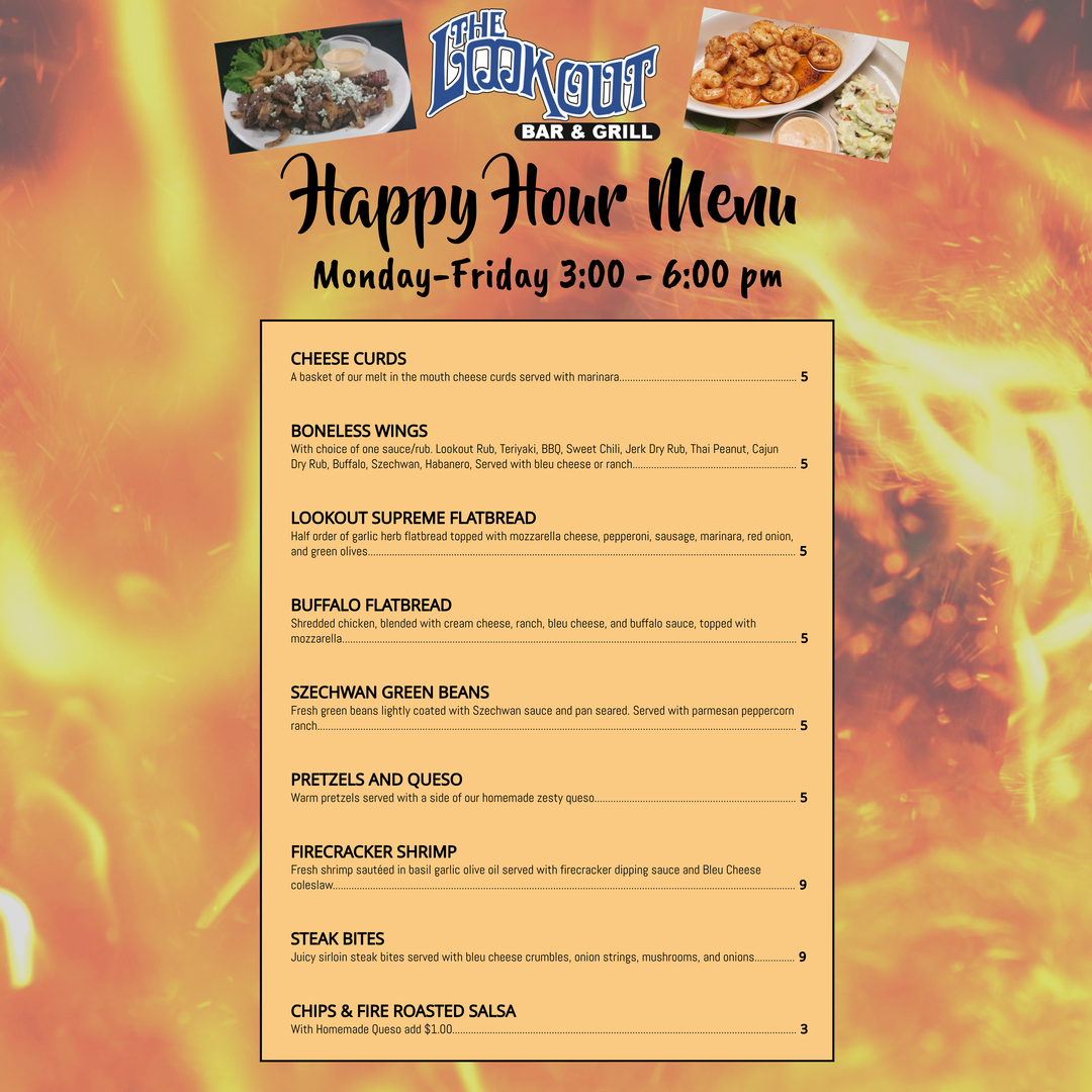 The Lookout Bar and Grill (@lookoutbargrill) on Twitter photo Six Happy hour items starting at just $5 Six Happy hour items starting at just $5