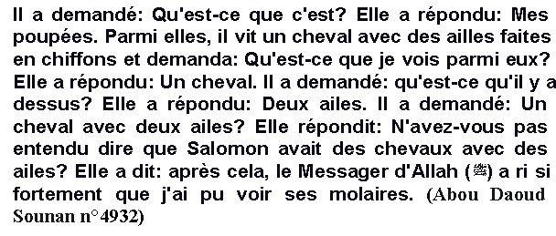 Dans cet hadith Muhammad et sa « femme » Aicha discutent des poupées de cette dernière.