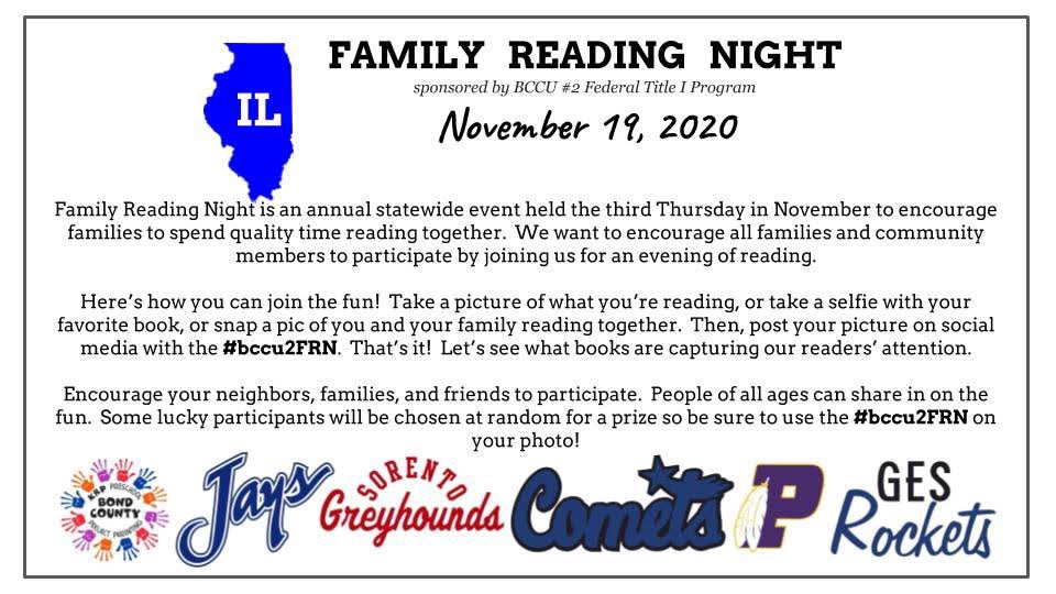 This Thursday evening, join us as our district celebrates Family Reading Night! Take a picture, show us what you’re reading! Be sure to use #bccu2FRN ! 💙 
#engageempowerexcel #bccu2 #IllinoisFamilyReadingNight #iRead #readtogethergrowtogether