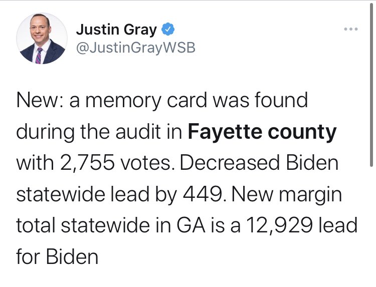  BREAKING Another county in GA discovered uncounted votes!1,577 votes for Trump 1,128 for Biden449 net for TrumpPre-recount Biden led by 14,155. Now it’s 12,929.What’s 1,226 net votes among friends?I’ll tell you: It’s 8.6% of the difference between 2 candidates.