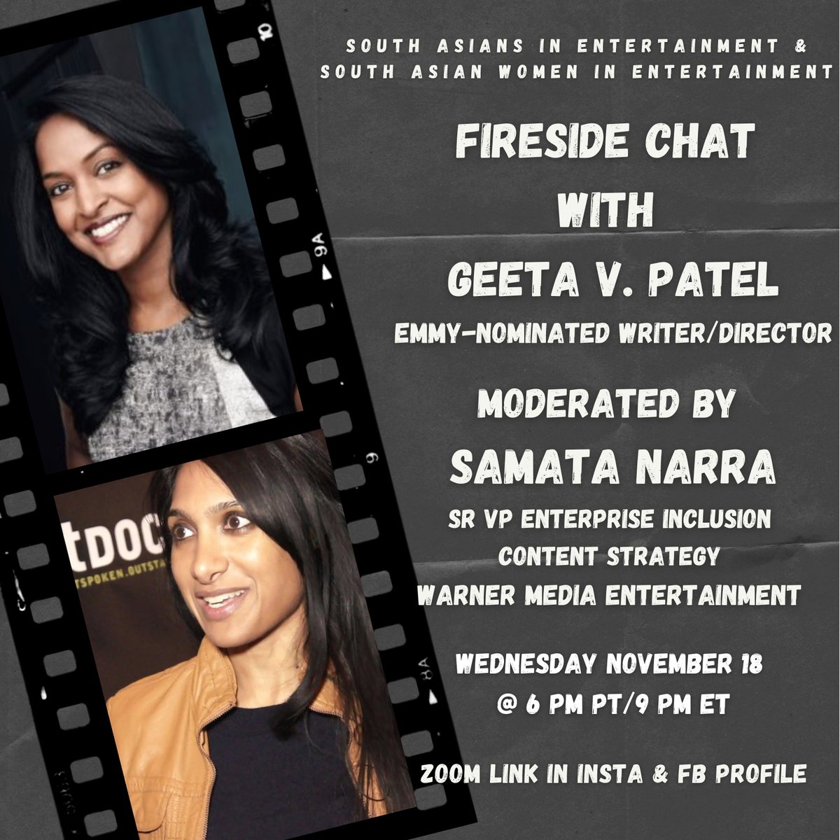 SouthAsiansEnt's tweet photo. Surprise moderator revealed
The awesome Samata Narra will be moderating the amazing @geetavpatel  tomorrow (Wednesday) 6 pm PT/9 pm ET ! Tune in!! https://t.co/EPtyFeuYnS