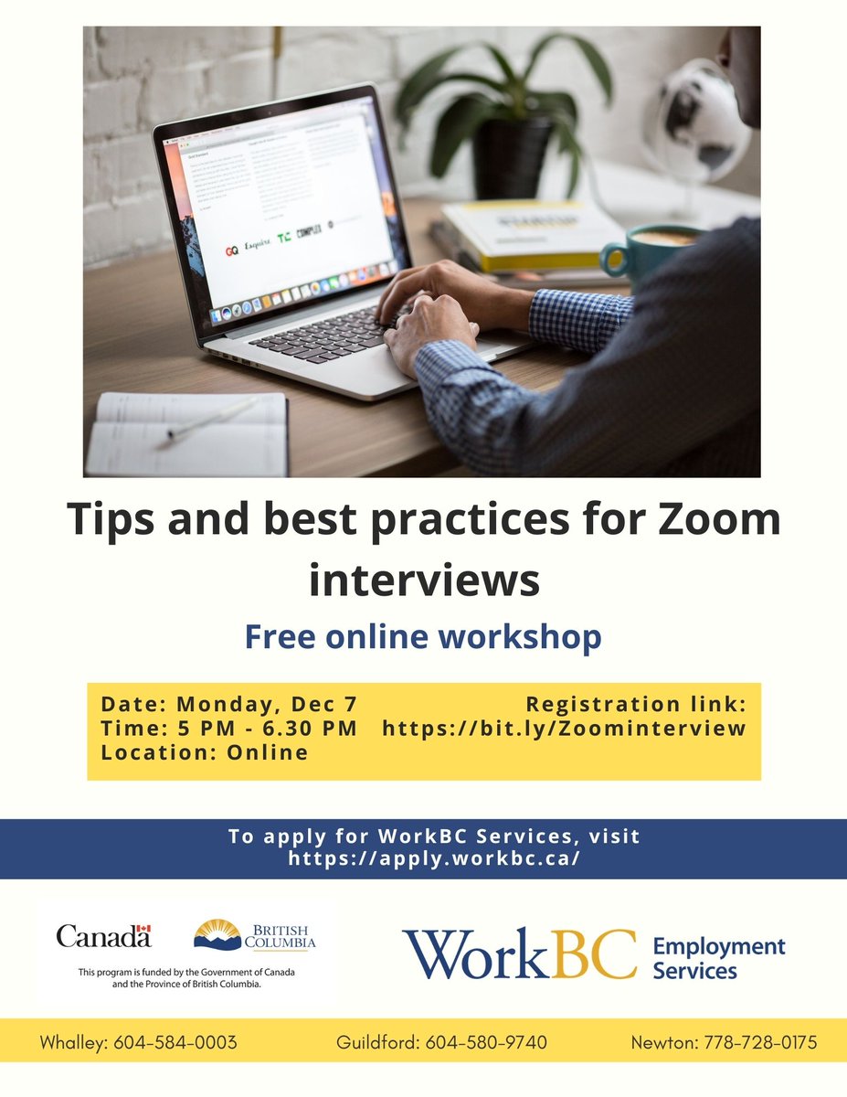WorkBCSurreyN's tweet image. Do online interviews stress you out?

Attend our next workshop: &quot;Tips and Best Practices for Zoom Interviews&quot; on Monday, Dec 7 at 5 PM.

To register, visit bit.ly/Zoominterview

#workshoponline #interview #interviewonline #jobseekers #jobsearch #whalley #Guildford #zoom