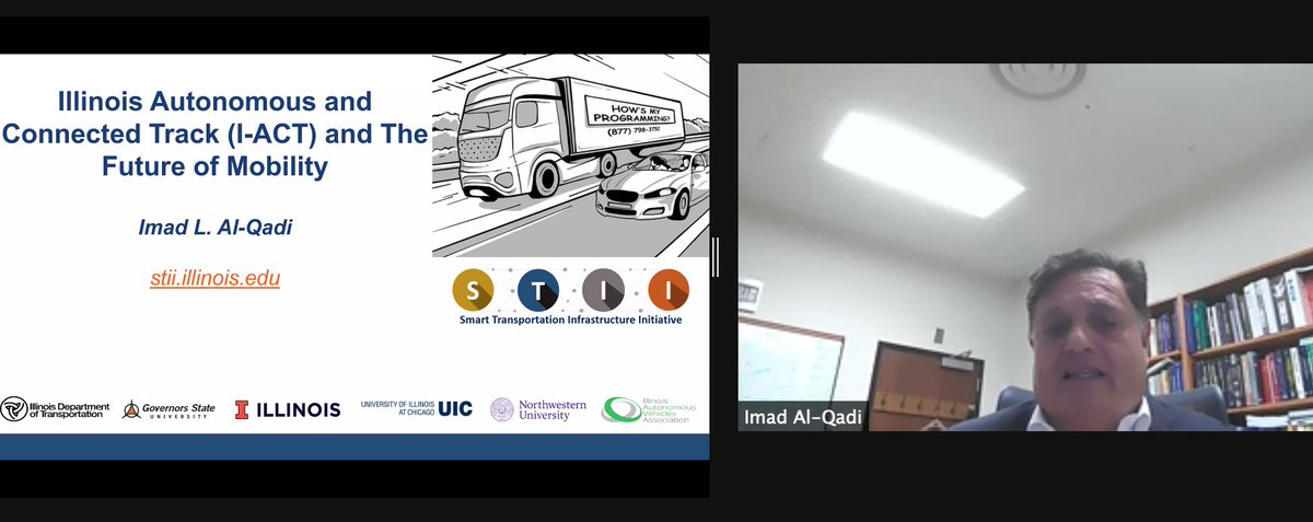 InfoNUTC's tweet image. Happening now... Professor Imad Al-Qadi @Illinois_Alma
 presents for @InfoNUTC &amp;amp; #CCITT's Fall 2020 Industry Technical Workshop - "Advancing Freight Automation." Join us! planitpurple.northwestern.edu/event/570023 #ITW2020 #NUTC