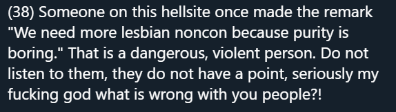 Let Fictional Lesbians Be Problematic And Let Their Relationships Be Toxic Sometimes(The way the person being quoted put it is crass, but OP also uses it in a misleading context here.)